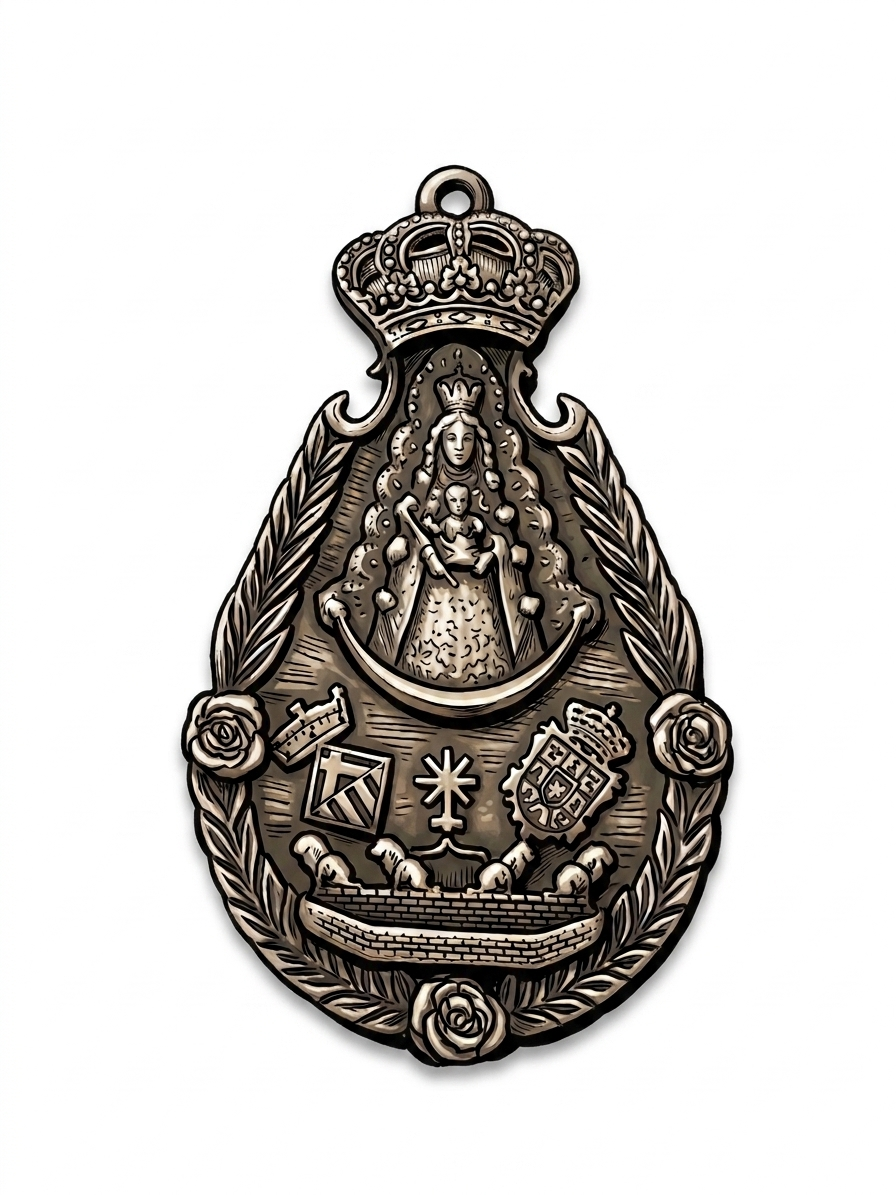 Medalla de la hermandad con la Virgen del Rocío